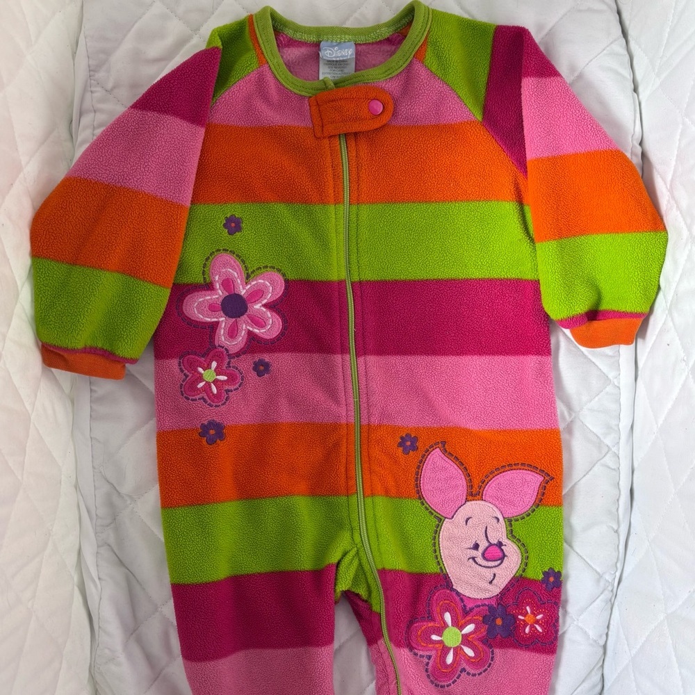 ⭒ 12M VTG Y2K Disney Winnie Piglet Vibrant Fleece Striped Embroidered Onesie ⭒